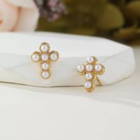 1 Pair Retro Cross Plating Inlay 304 Stainless Steel Pearl 18K Gold Plated Ear Studs main image 4