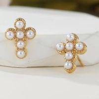 1 Pair Retro Cross Plating Inlay 304 Stainless Steel Pearl 18K Gold Plated Ear Studs main image 1
