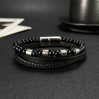 Vintage Style Solid Color Stainless Steel Pu Leather Agate Braid Handmade Agate Men's Bangle main image 2