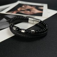 Vintage Style Solid Color Stainless Steel Pu Leather Agate Braid Handmade Agate Men's Bangle main image 3