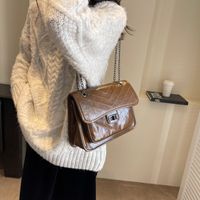 Women's Pu Leather Solid Color Vintage Style Classic Style Streetwear Sewing Thread Metal Button Square Flip Cover Lock Clasp Shoulder Bag Square Bag main image 3