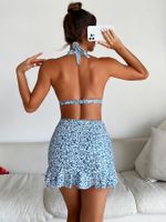 Femmes Petites Fleurs Impression Dos Nu Ensemble De 3 Pièces Bikinis Maillots De Bain main image 2