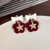 1 Pair Elegant Sweet Pentagram Bow Knot Flocking Gold Plated Drop Earrings sku image 4