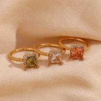 Vintage Style Simple Style Classic Style Color Block Square Stainless Steel Plating Inlay Rhinestones Zircon 18k Gold Plated Rings main image 1