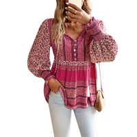 Women's Blouse Long Sleeve Blouses Printing Button Casual Simple Style Printing Color Block main image 2
