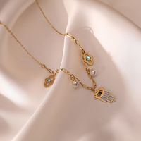 304 Stainless Steel 18K Gold Plated Simple Style Streetwear Plating Inlay Geometric Devil's Eye Hand Of Fatima Zircon Layered Necklaces sku image 1
