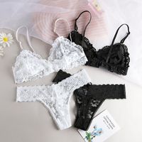 Solid Color Flower Wireless Bra Sexy Seamless Gather Breathable Lace Bra&panty Set main image 1