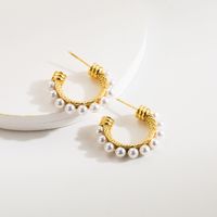 1 Pair Elegant Streetwear Geometric Round Flower Inlay 304 Stainless Steel Artificial Pearls Rhinestones 14K Gold Plated Ear Studs sku image 15