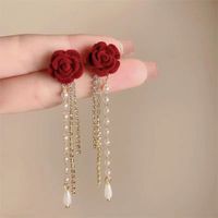 1 Pair Simple Style Classic Style Flower Inlay Flocking Rhinestones Pearl Drop Earrings main image 6