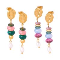 1 Pair Casual Simple Style Round Plating Agate Titanium Steel 18k Gold Plated Dangling Earrings main image 5