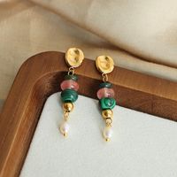 1 Pair Casual Simple Style Round Plating Agate Titanium Steel 18k Gold Plated Dangling Earrings main image 6