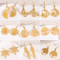 1 Pair Retro Simple Style Round Peacock Leaves Plating 201 Stainless Steel 18K Gold Plated Drop Earrings main image 1