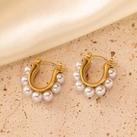 1 Pair Retro Baroque Style Geometric Solid Color Epoxy Plating Inlay Titanium Steel Artificial Pearls 18k Gold Plated Hoop Earrings main image 5