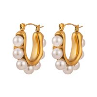 1 Pair Retro Baroque Style Geometric Solid Color Epoxy Plating Inlay Titanium Steel Artificial Pearls 18k Gold Plated Hoop Earrings main image 3