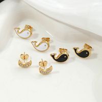 1 Pair Cute Moon Whale Enamel Plating Inlay Stainless Steel Zircon 18K Gold Plated Ear Studs main image 1