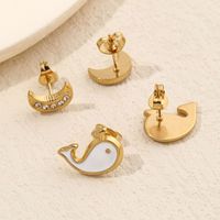 1 Pair Cute Moon Whale Enamel Plating Inlay Stainless Steel Zircon 18K Gold Plated Ear Studs main image 5