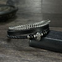 Hip-Hop Skull Stainless Steel Pu Leather Braid Artificial Leather Men's Bangle main image 2