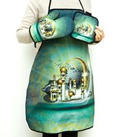 Cross-border Polyester Printing Kitchen Thickened Oil-resistant Apron Oven Heat Insulation Gloves Baking Heat Insulation Anti-scald Anti-fouling Set sku image 19