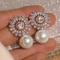 Nouvelle Mode Fleur Perle Zircon Boucles D&#39;oreilles Nuptiale Fiançailles Bijoux En Cuivre sku image 3
