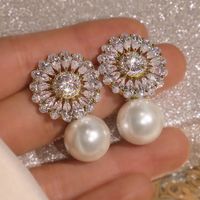 Nouvelle Mode Fleur Perle Zircon Boucles D&#39;oreilles Nuptiale Fiançailles Bijoux En Cuivre sku image 2