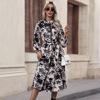Women's Regular Dress Streetwear Standing Collar Printing Lace Long Sleeve Flower Midi Dress Travel Daily main image 6