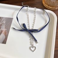 Lady Streetwear Heart Shape Imitation Pearl Cloth White Gold Plated Women's Layered Necklaces main image 4