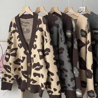 Women's Cardigan Long Sleeve Sweaters & Cardigans Contrast Binding Casual Leopard main image 4