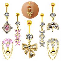 Simple Style Heart Shape Butterfly Bow Knot Stainless Steel Alloy Copper Plating Inlay Rhinestones Zircon White Gold Plated Gold Plated Belly Ring main image 1