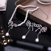 Elegant Bow Knot Imitation Pearl Alloy Inlay Rhinestones Women's Earrings Necklace main image 3