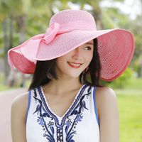 امرأة الأساسي عطلة رعوي اللون الصامد Bowknot طنف كبيرة قبعة الشمس main image 2