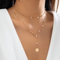 Vacation Simple Style Classic Style Pentagram Round Imitation Pearl Copper Layered Women's Pendant Necklace sku image 1
