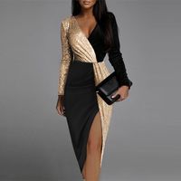 Women's Slit Dress Elegant V Neck Sequins Long Sleeve Color Block Midi Dress Banquet Party main image 1