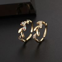 Simple Style Leaves Copper Gold Plated Zircon Open Rings In Bulk main image 1