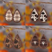 1 Pair Retro Cactus Water Droplets Cattle Pu Leather Wood Drop Earrings main image 1