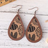 1 Pair Retro Cactus Water Droplets Cattle Pu Leather Wood Drop Earrings main image 3