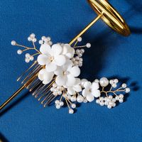 Chinoiserie Leaf Flower Metal Ceramics Pearl Insert Comb main image 5