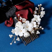 Chinoiserie Leaf Flower Metal Ceramics Pearl Insert Comb main image 3