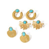 1 Pair Retro Round Polishing Plating Inlay 304 Stainless Steel Turquoise Earrings main image 2