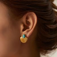 1 Pair Retro Round Polishing Plating Inlay 304 Stainless Steel Turquoise Earrings main image 6