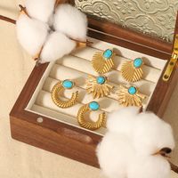 1 Pair Retro Round Polishing Plating Inlay 304 Stainless Steel Turquoise Earrings main image 1