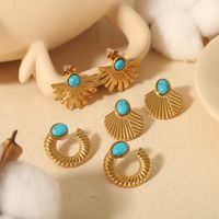 1 Pair Retro Round Polishing Plating Inlay 304 Stainless Steel Turquoise Earrings main image 7