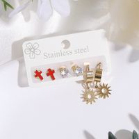 3 Pairs Ig Style Classic Style Commute Cross Plating Stainless Steel Imitation Diamond Gold Plated Drop Earrings main image 2