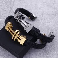 Vintage Style Punk Geometric Stainless Steel Pu Leather 18K Gold Plated Men's Bangle main image 3