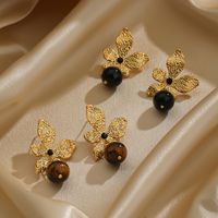 Wholesale Jewelry Elegant Luxurious Leaves Tiger Eye Obsidian Natural Stone Obsidian 18k Gold Plated Plating Inlay Drop Earrings main image 2