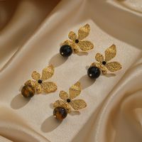 Wholesale Jewelry Elegant Luxurious Leaves Tiger Eye Obsidian Natural Stone Obsidian 18k Gold Plated Plating Inlay Drop Earrings main image 1