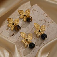 Wholesale Jewelry Elegant Luxurious Leaves Tiger Eye Obsidian Natural Stone Obsidian 18k Gold Plated Plating Inlay Drop Earrings main image 4