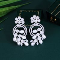 1 Pair Elegant Princess Irregular Leaves Snowflake Plating Hollow Out Inlay Copper Artificial Pearls Zircon Rhodium Plated Silver Plated Drop Earrings main image 7