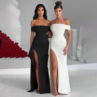 Femmes Robe De Fête Élégant Sexy Col Bateau Manche Longue Couleur Unie Maxi Longue Robe Banquet Fête main image 4