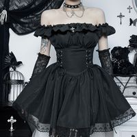 Femmes Robe Noire Sexy Style Sombre Col Bateau Dentelle Sans Manches Couleur Unie Au-dessus Du Genou Fête Festival sku image 1