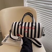 Women's Canvas Stripe Classic Style Sewing Thread Cylindrical Zipper Shoulder Bag Handbag Crossbody Bag main image 2